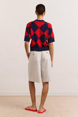 Damson Madder Edie Cotton Harlequin Cardigan - Red & Navy