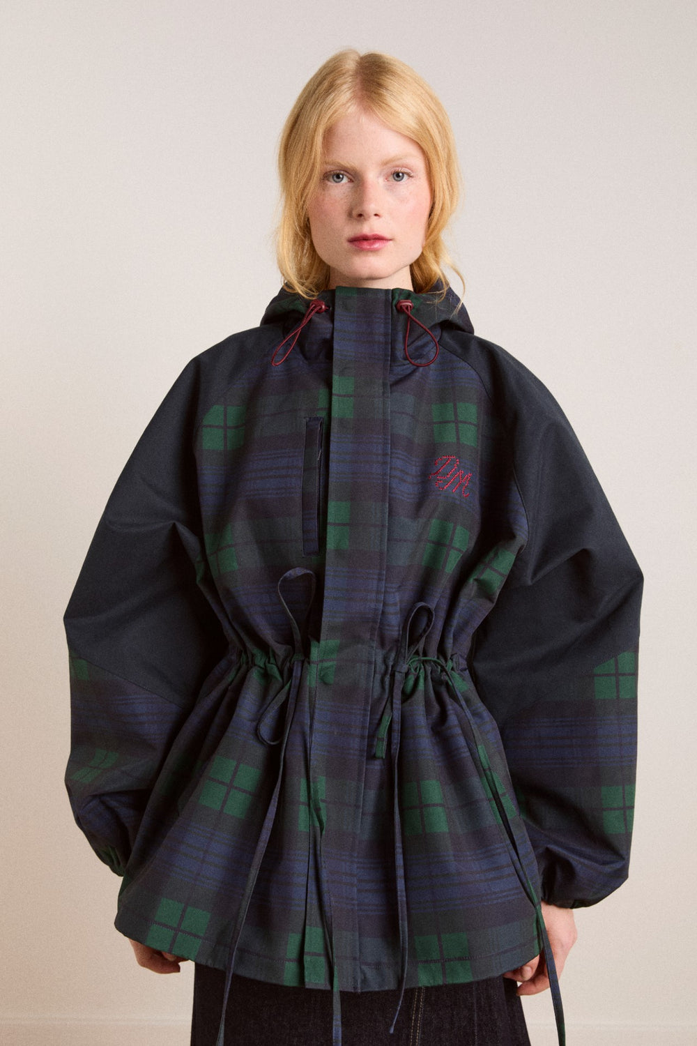 Damson Madder Navy Check Rain Coat | Cinched Waist Rain Jacket