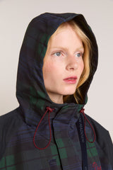 Damson Madder Navy Check Rain Coat | Cinched Waist Rain Jacket