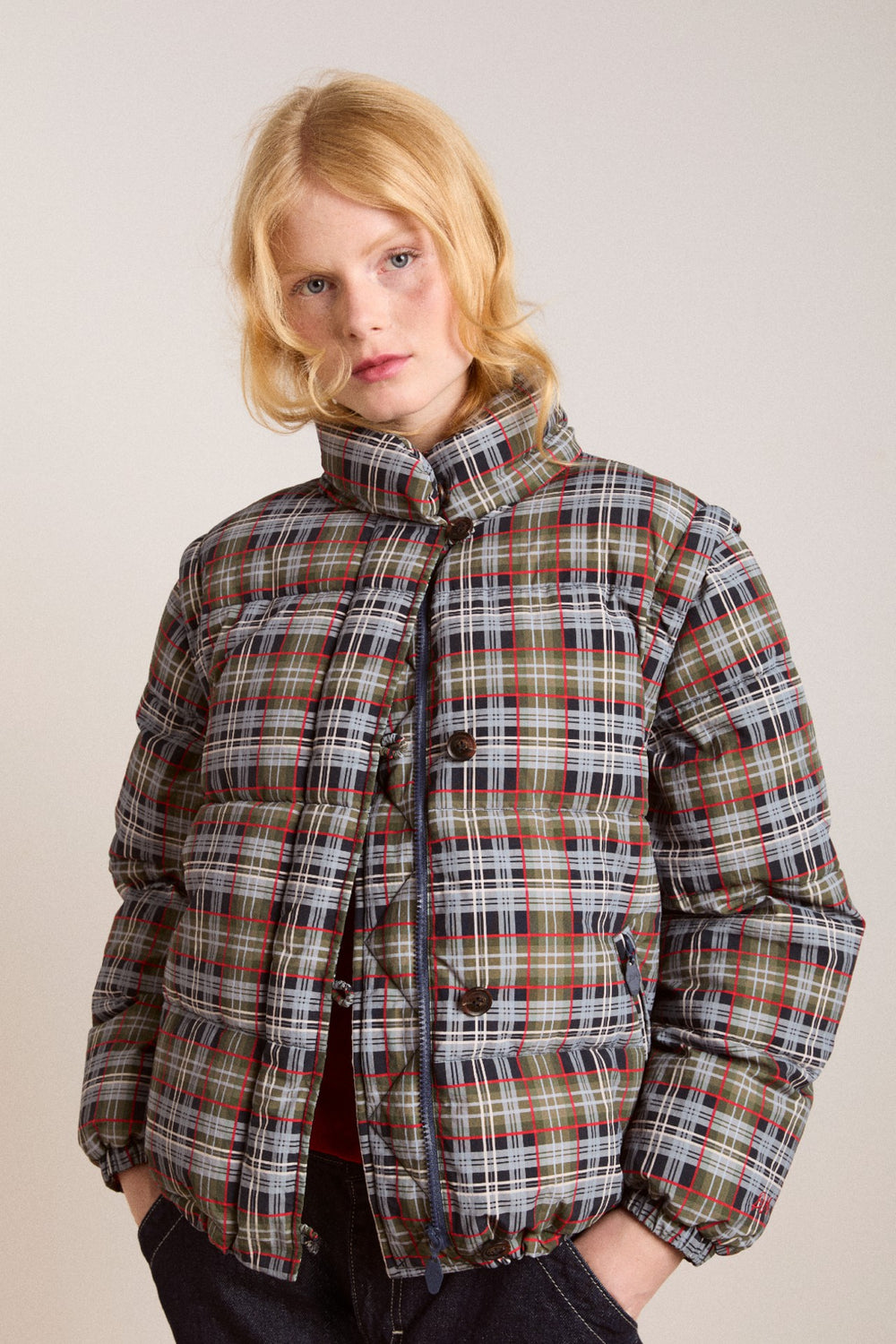 Damson Madder pearl hooded puffer - multi check