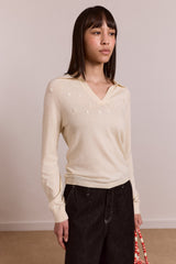 Damson Madder silvia cotton merino blend button knitted top - cream