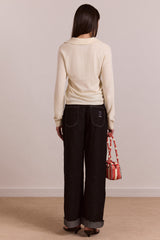 Damson Madder silvia cotton merino blend button knitted top - cream
