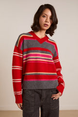 Damson Madder rene merino wool v jumper pink/red stripe