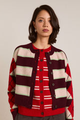 Damson Madder didi merino wool double cardigan - burg argyle & stripe