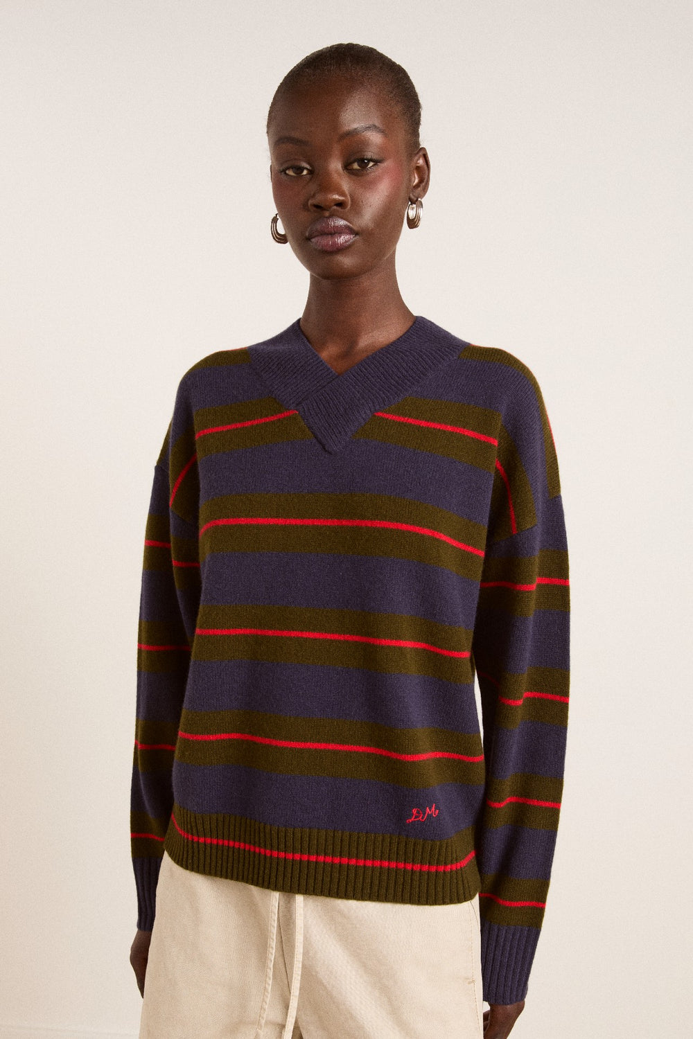 Damson Madder odette v-neck merino wool jumper-olive/navy stripe