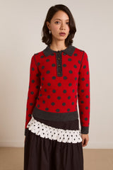 Damson Madder lia merino wool reversible polo jumper - red/grey spot