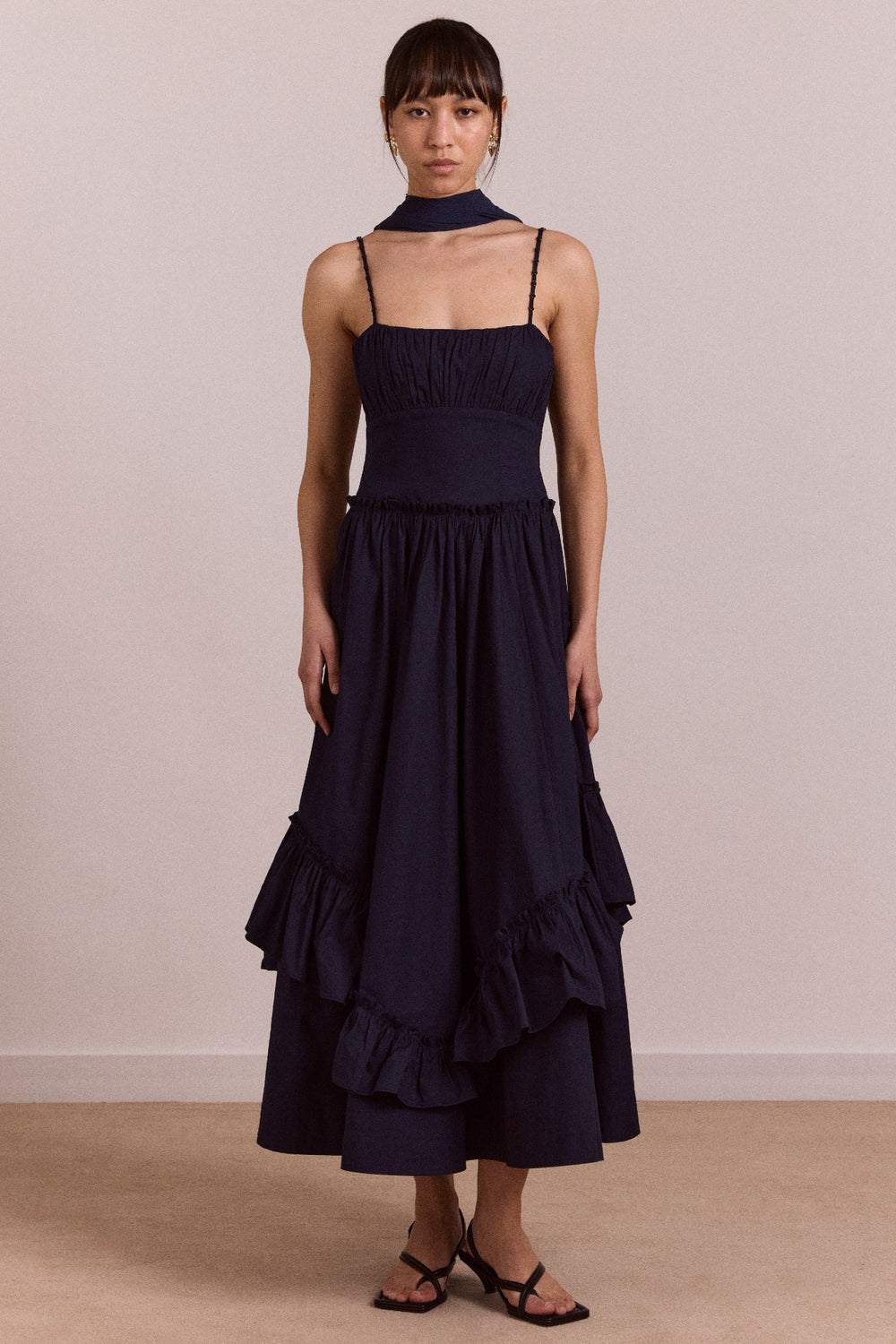 Damson Madder juno midi dress with sheer scarf- navy