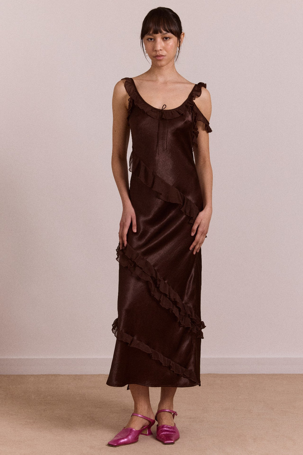 Damson Madder carmen midi ruffle dress with sheer top - choc