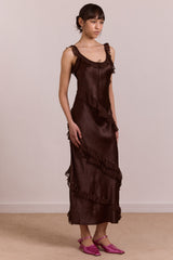 Damson Madder carmen midi ruffle dress with sheer top - choc