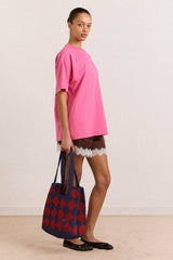 Damson Madder harlequinn raffia tote bag - navy & red