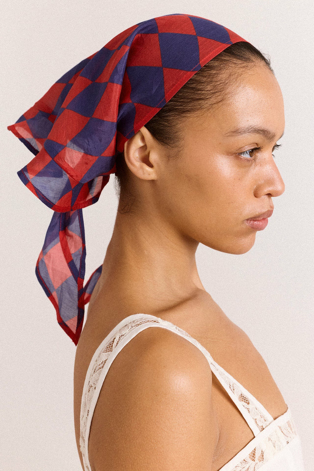 Damson Madder frill edge headscarf - harlequin
