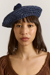 Damson Madder raffia pom pom beret - navy