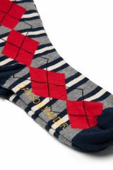 Damson Madder calf length socks- navy & grey marl argyle stripe