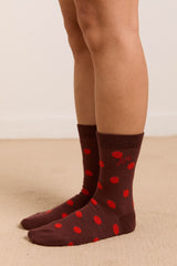 Damson Madder calf length socks in burg & red polka dot