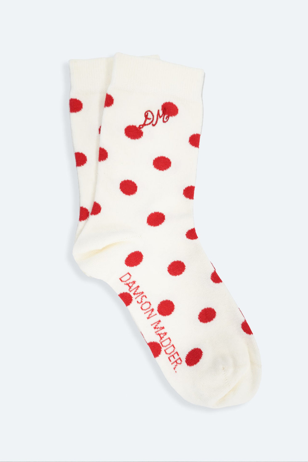 Damson Madder calf length socks in white & red polka dot
