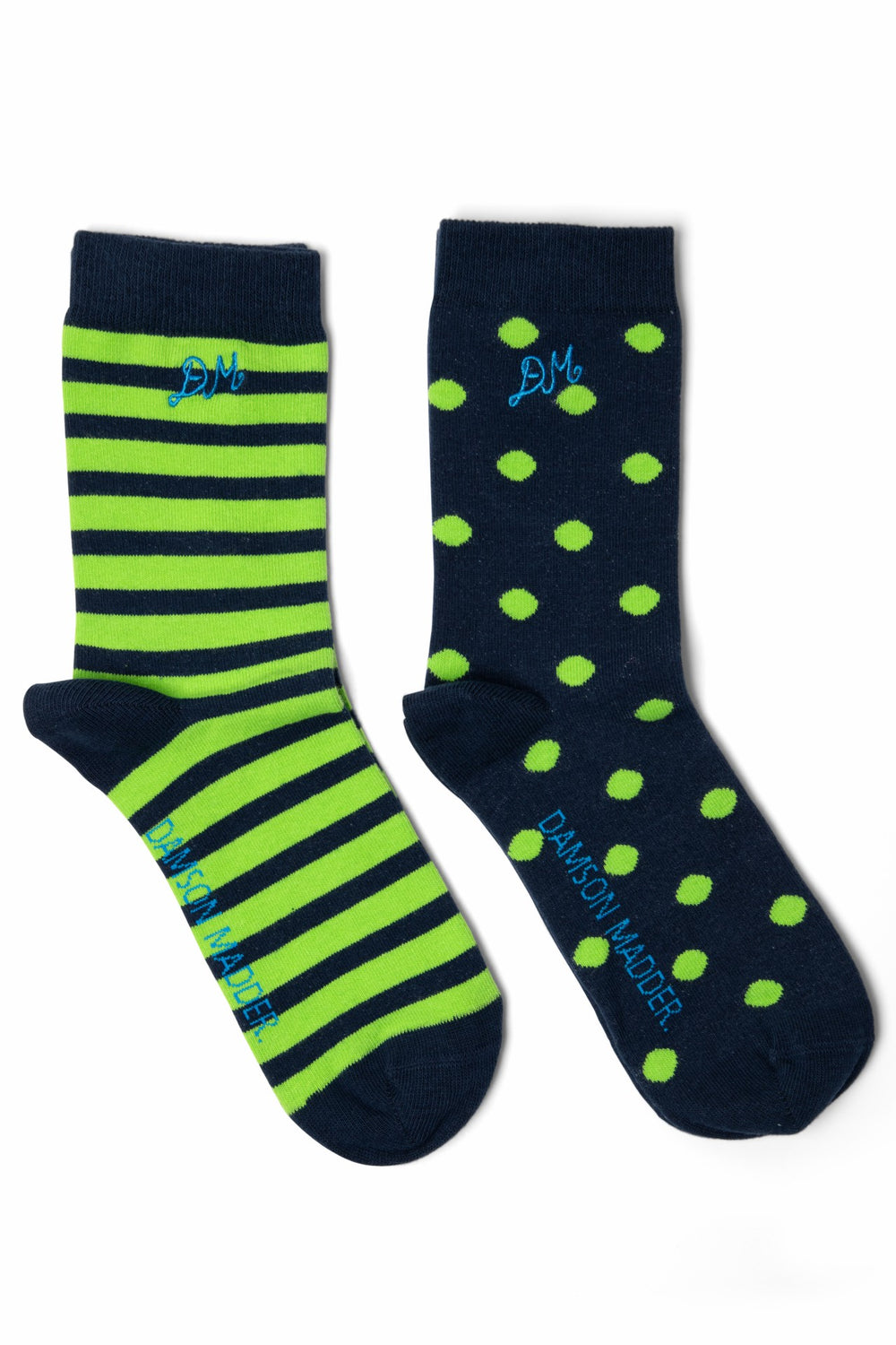 Damson Madder 2 pack calf length socks - navy/green stripe/spot