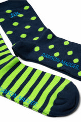 Damson Madder 2 pack calf length socks - navy/green stripe/spot