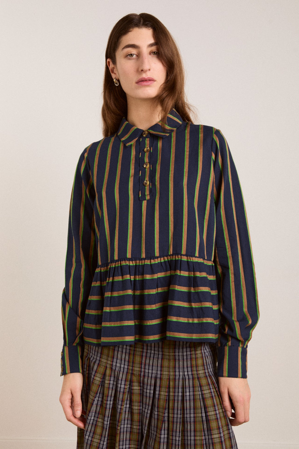 Damson Madder kinsley shirt - navy/green stripe