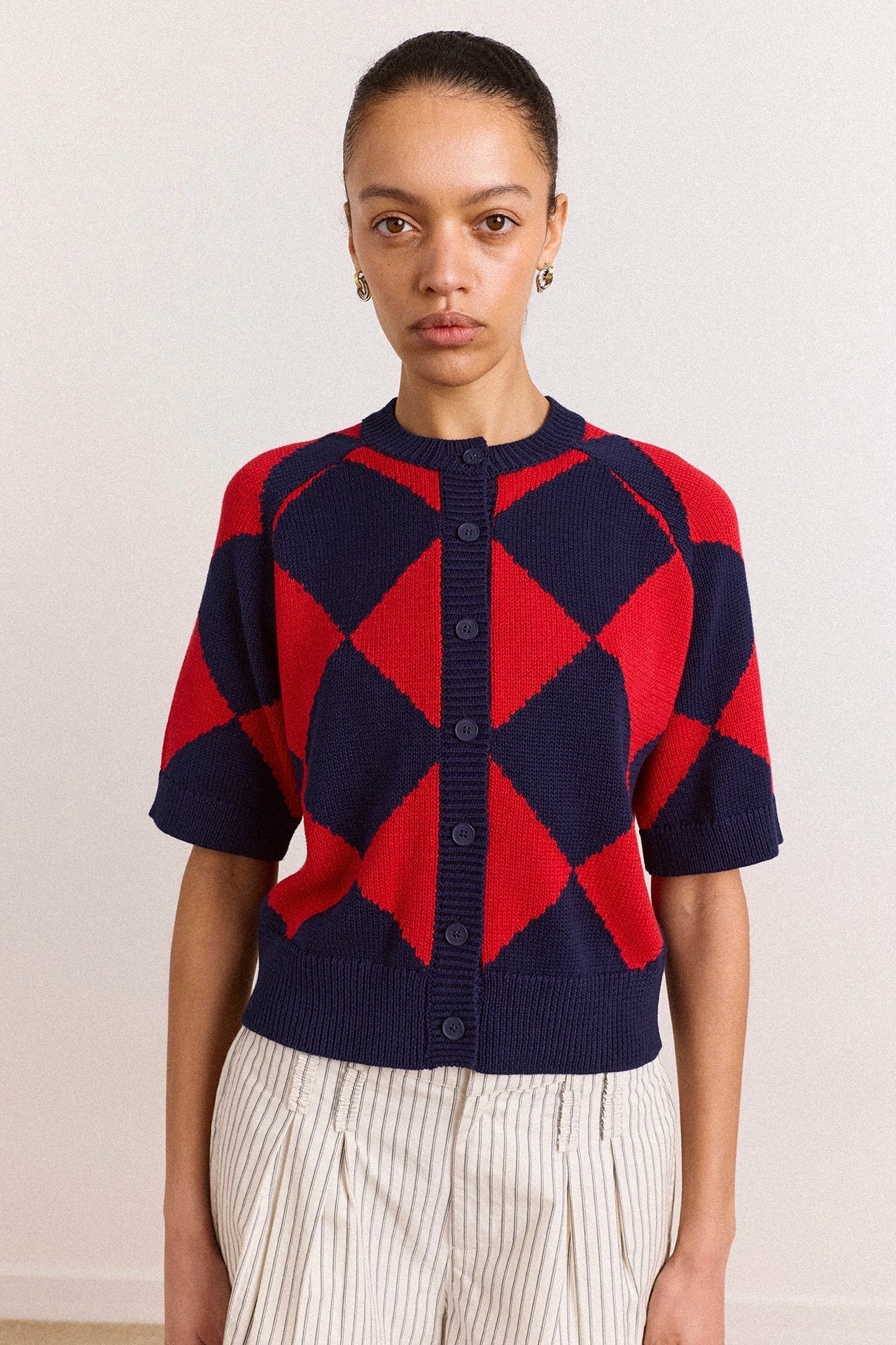 Damson Madder Edie Cotton Harlequin Cardigan - Red & Navy