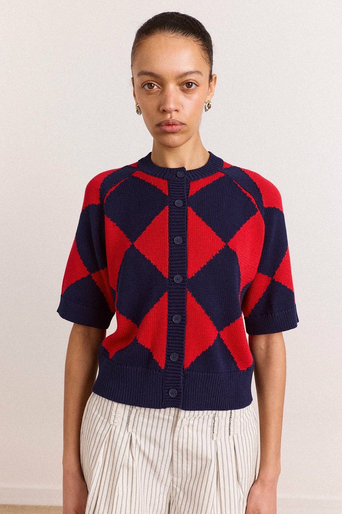 Damson Madder Edie Cotton Harlequin Cardigan - Red & Navy