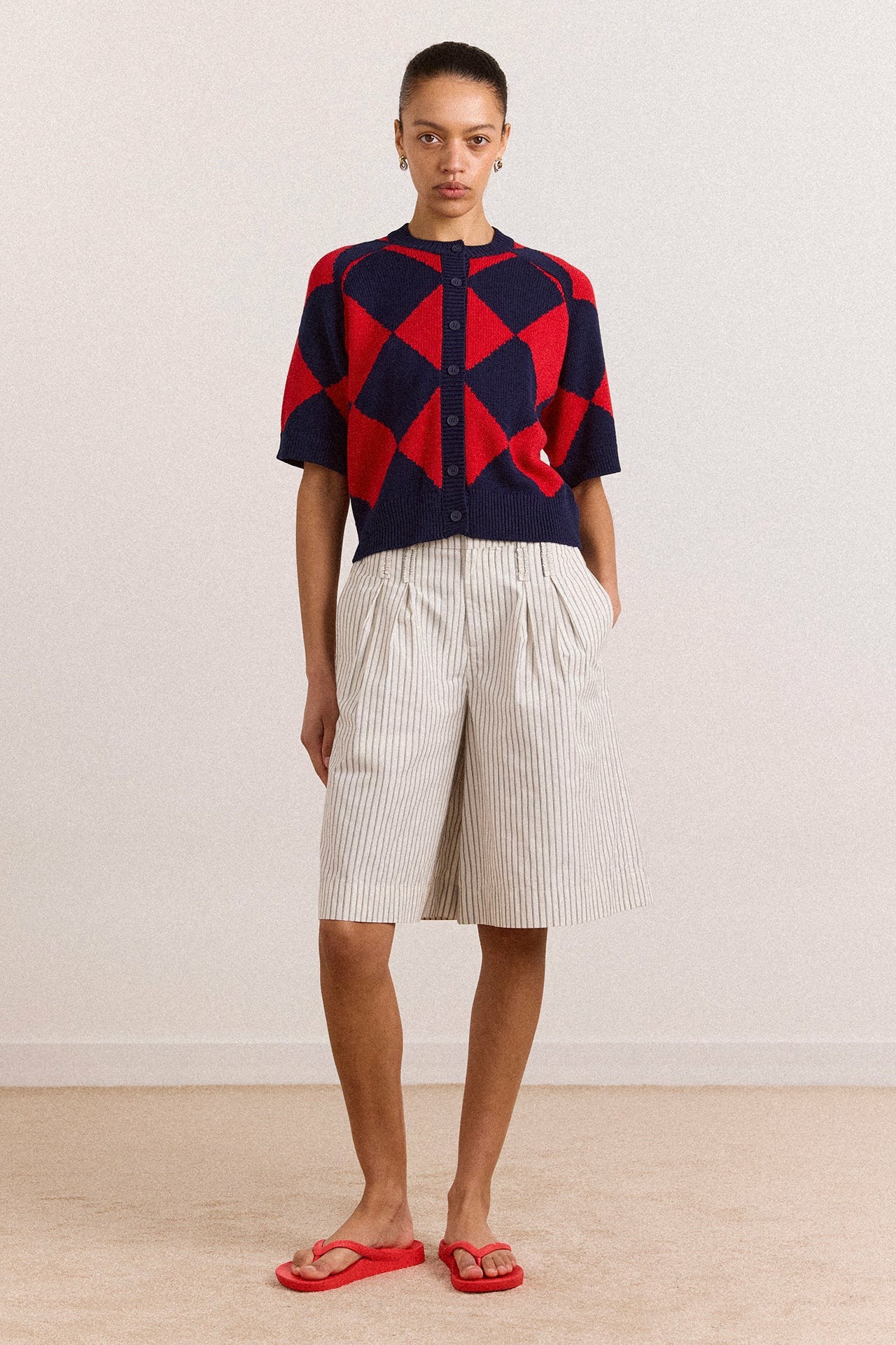 Damson Madder Edie Cotton Harlequin Cardigan - Red & Navy