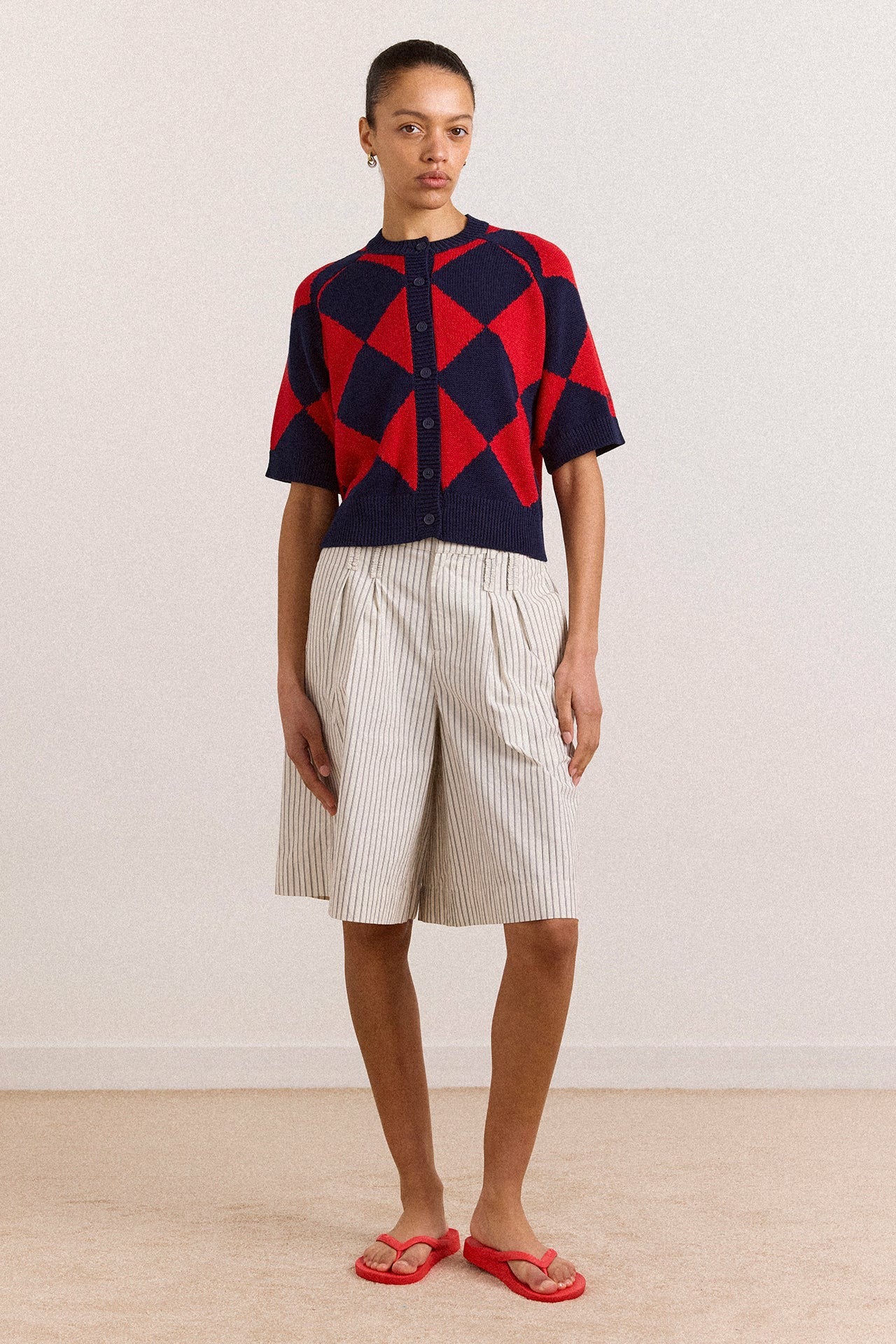 Damson Madder Edie Cotton Harlequin Cardigan - Red & Navy