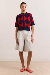 Damson Madder Edie Cotton Harlequin Cardigan - Red & Navy