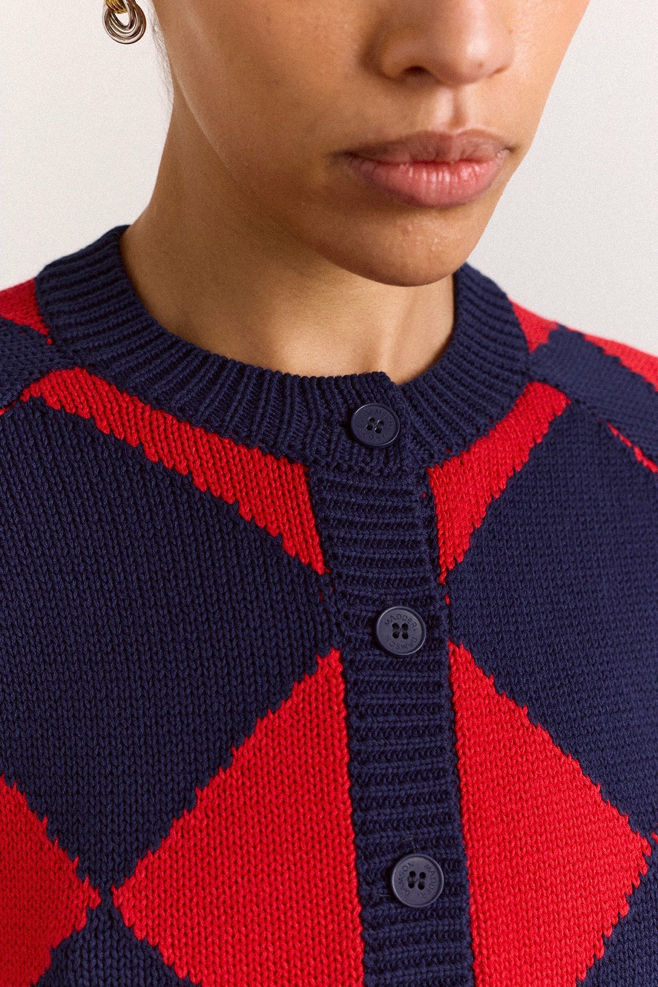 Damson Madder Edie Cotton Harlequin Cardigan - Red & Navy