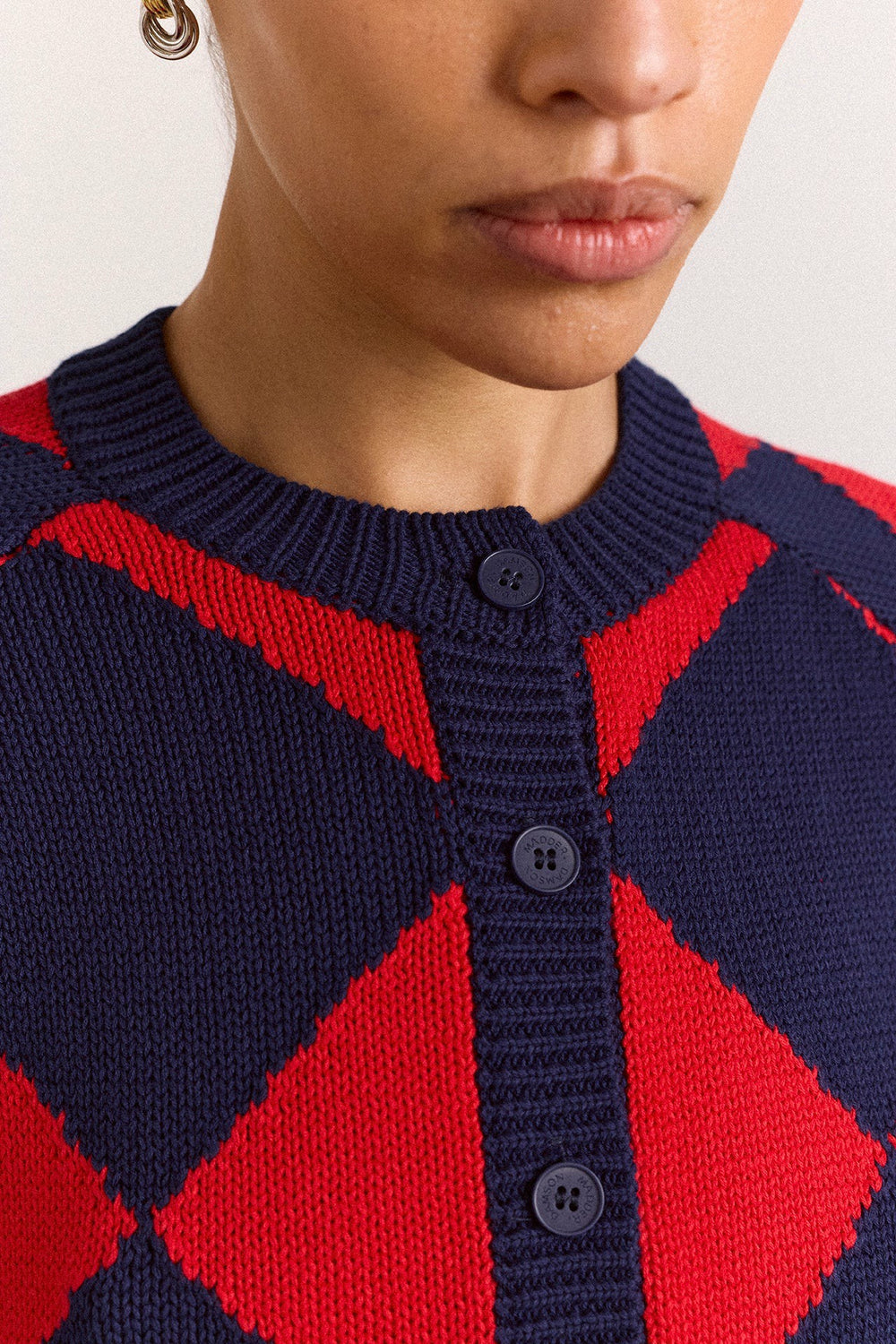 Damson Madder Edie Cotton Harlequin Cardigan - Red & Navy