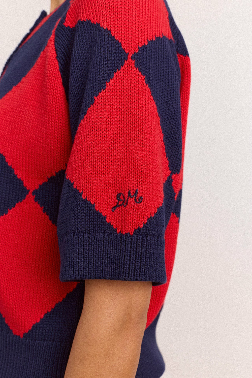 Damson Madder Edie Cotton Harlequin Cardigan - Red & Navy
