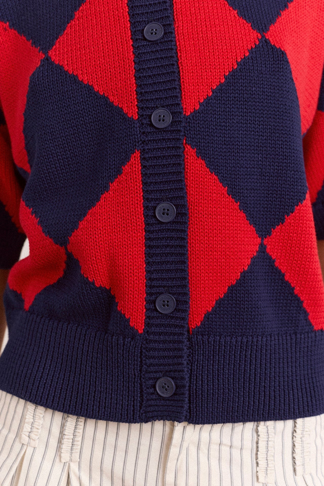 Damson Madder Edie Cotton Harlequin Cardigan - Red & Navy