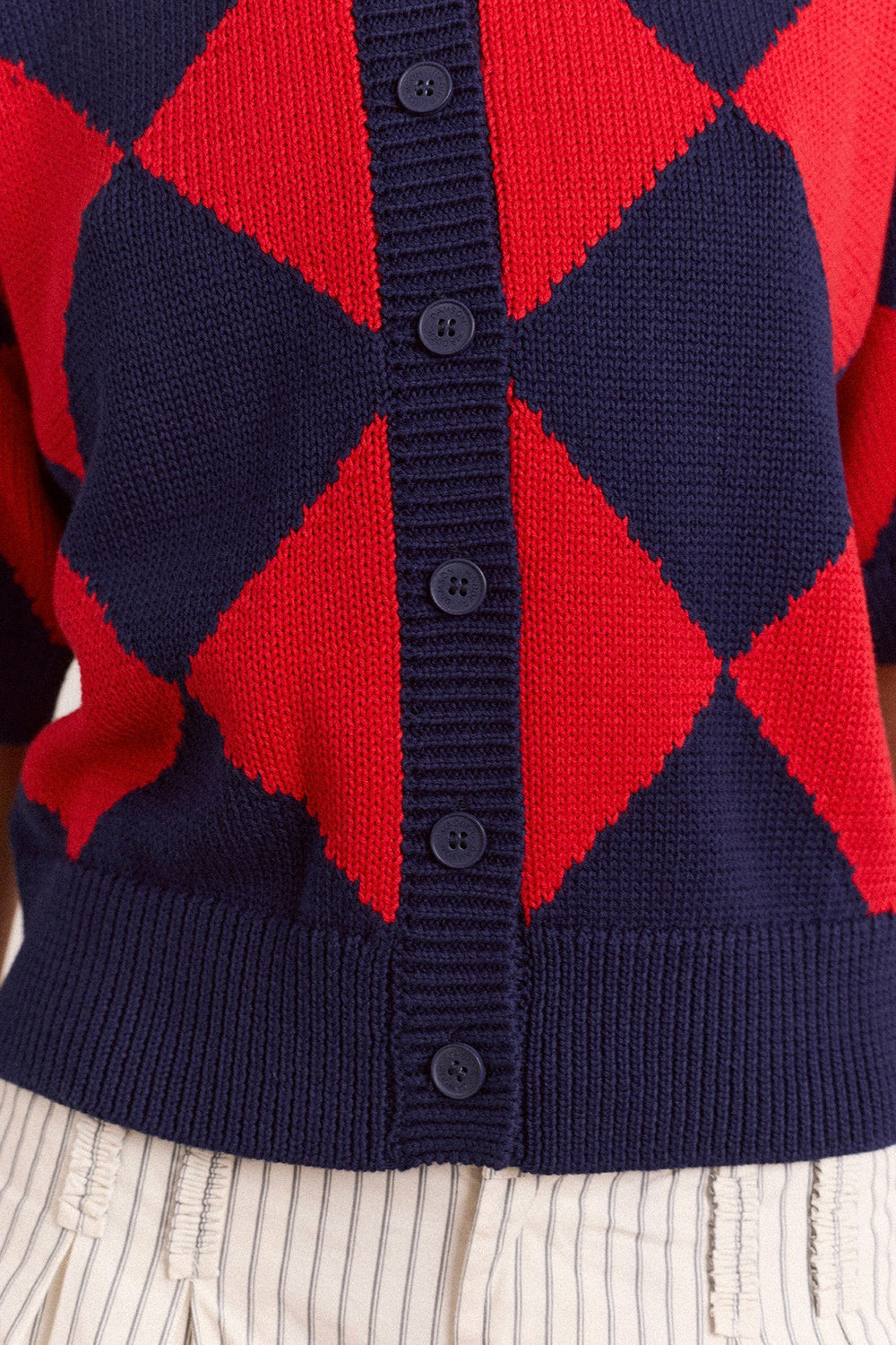 Damson Madder Edie Cotton Harlequin Cardigan - Red & Navy