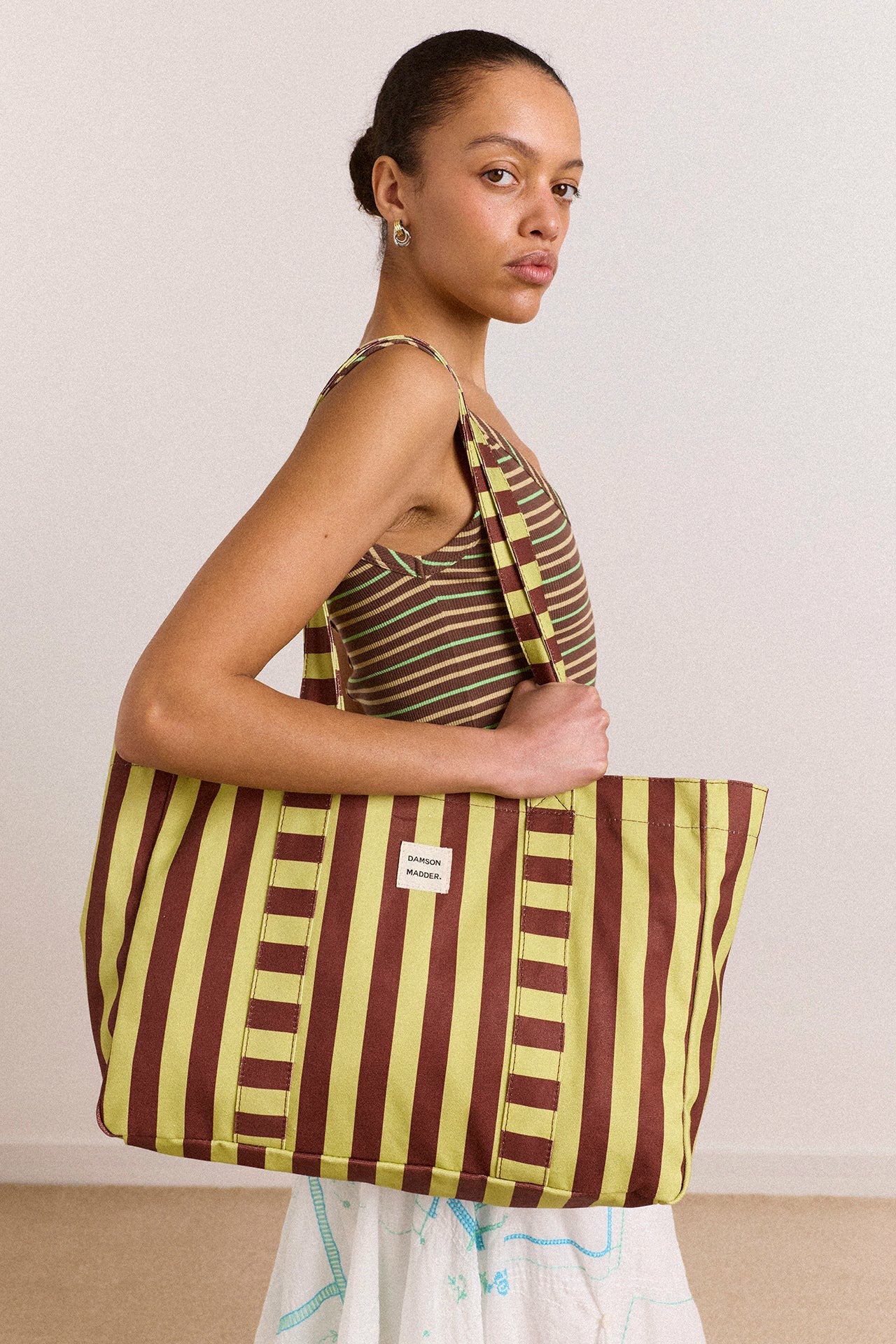 Damson Madder large canvas tote bag - green stripe