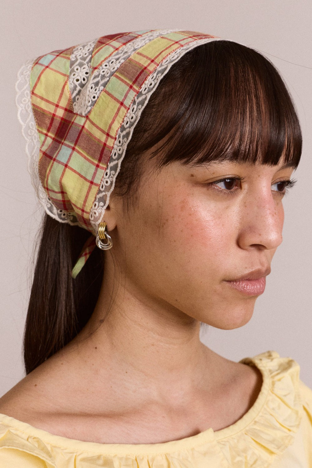Damson Madder triangle headscarf with lace detail - celery check