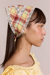 Damson Madder triangle headscarf with lace detail - celery check
