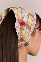 Damson Madder triangle headscarf with lace detail - celery check
