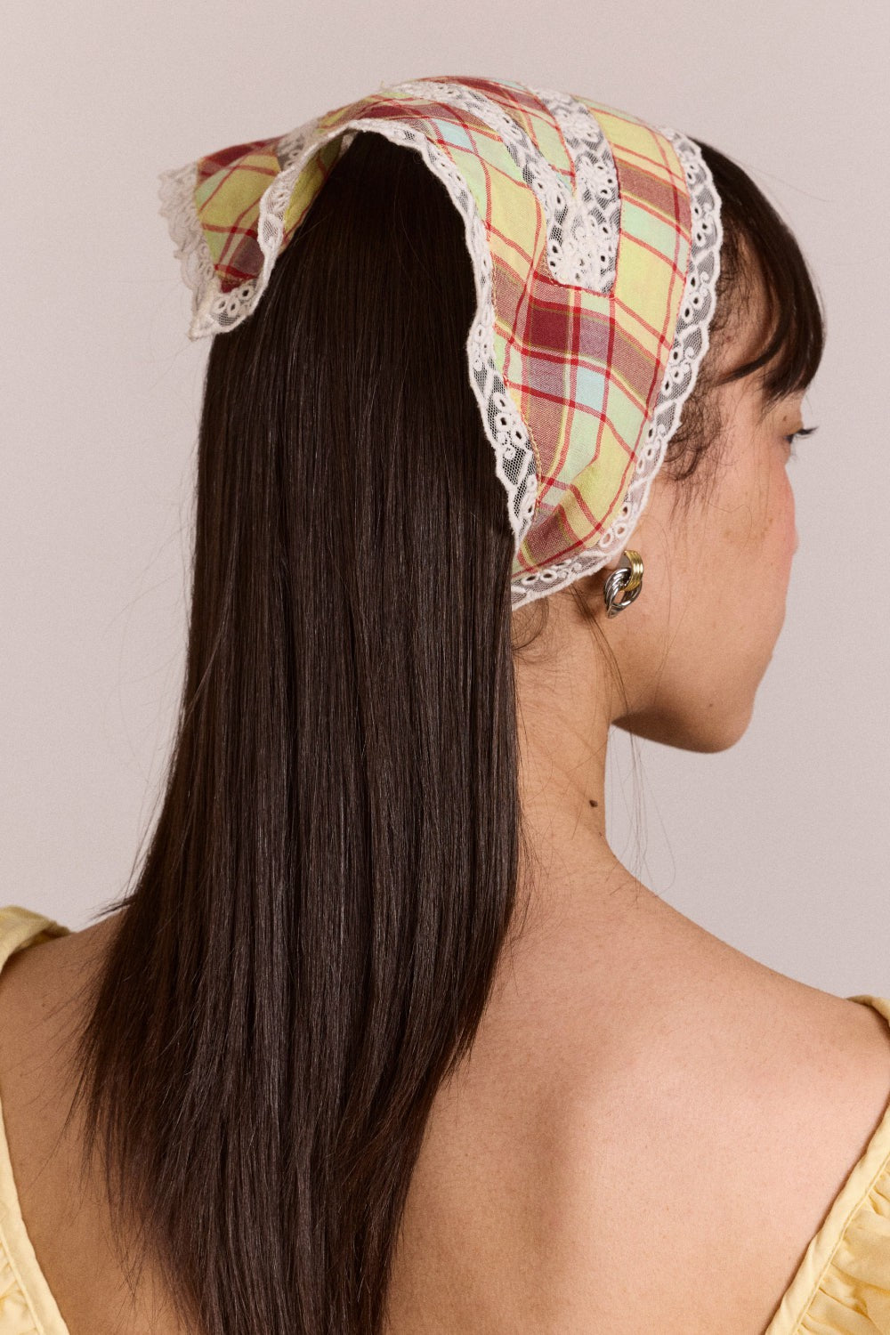 Damson Madder triangle headscarf with lace detail - celery check