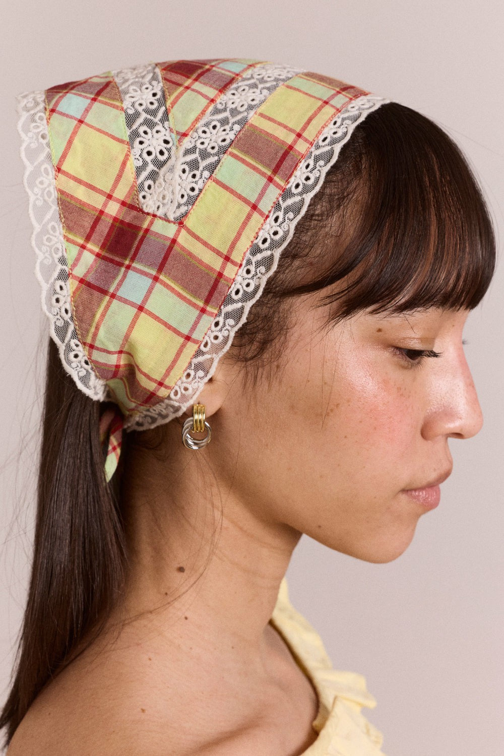 Damson Madder triangle headscarf with lace detail - celery check