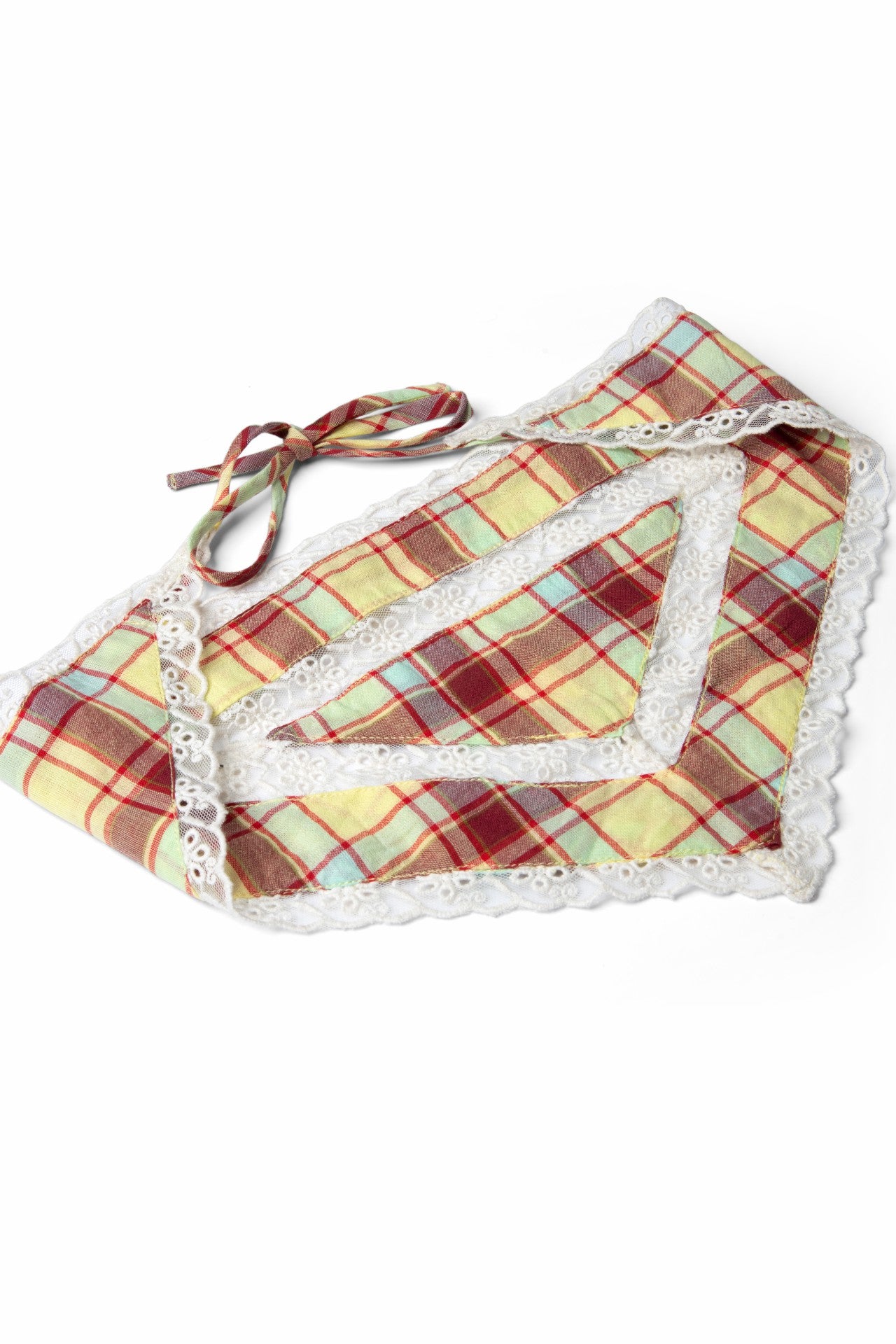 Damson Madder triangle headscarf with lace detail - celery check