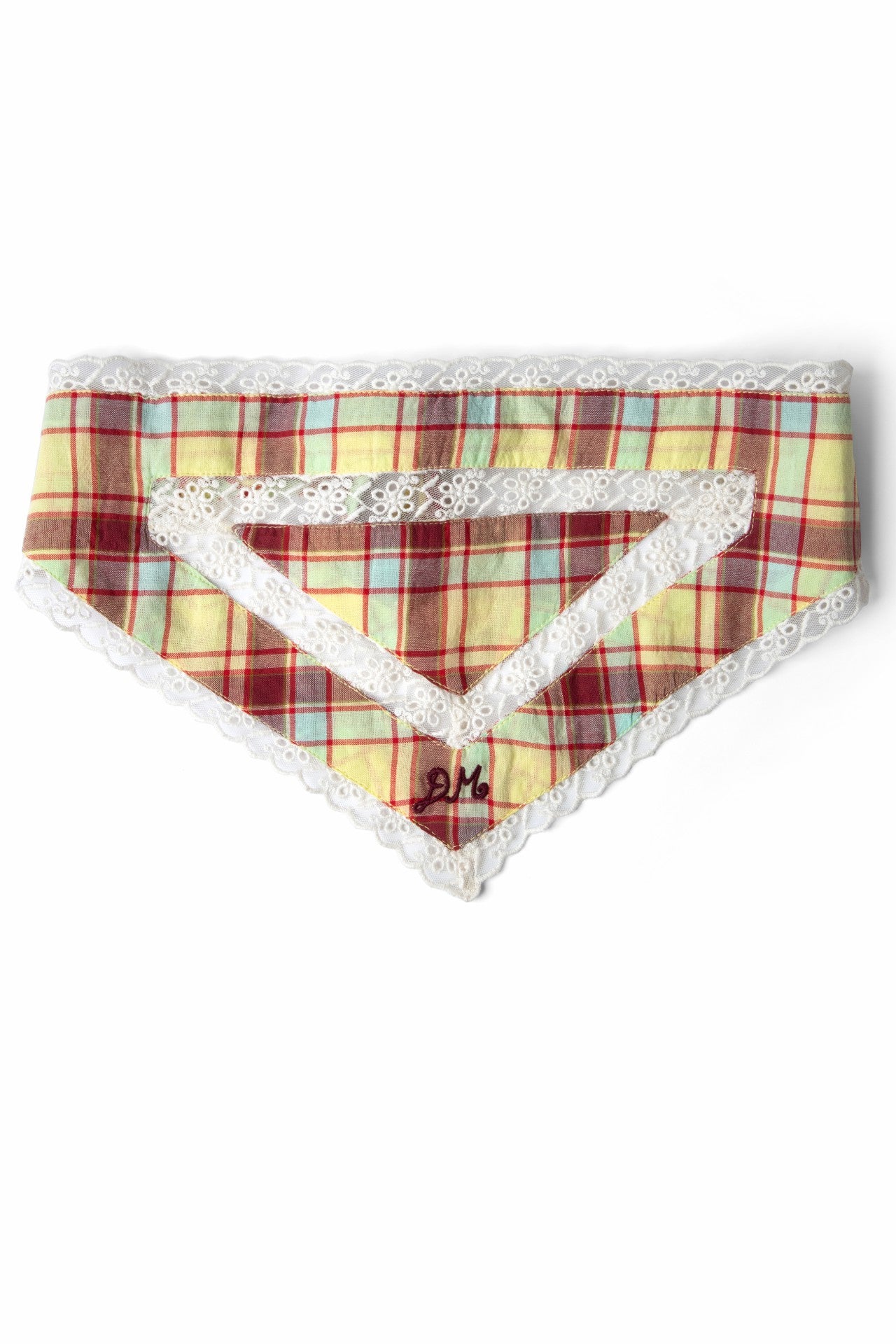 Damson Madder triangle headscarf with lace detail - celery check