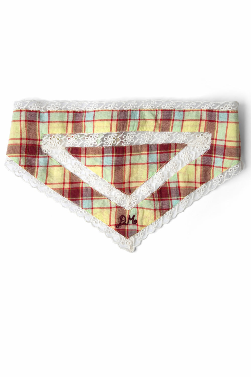 Damson Madder triangle headscarf with lace detail - celery check