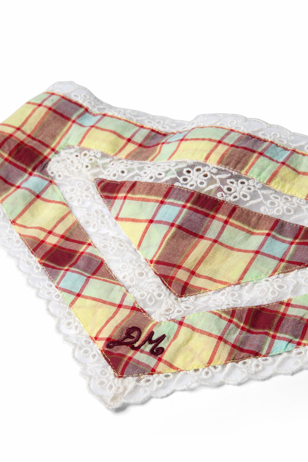 Damson Madder triangle headscarf with lace detail - celery check
