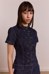 Damson Madder nelly button trim top - indigo
