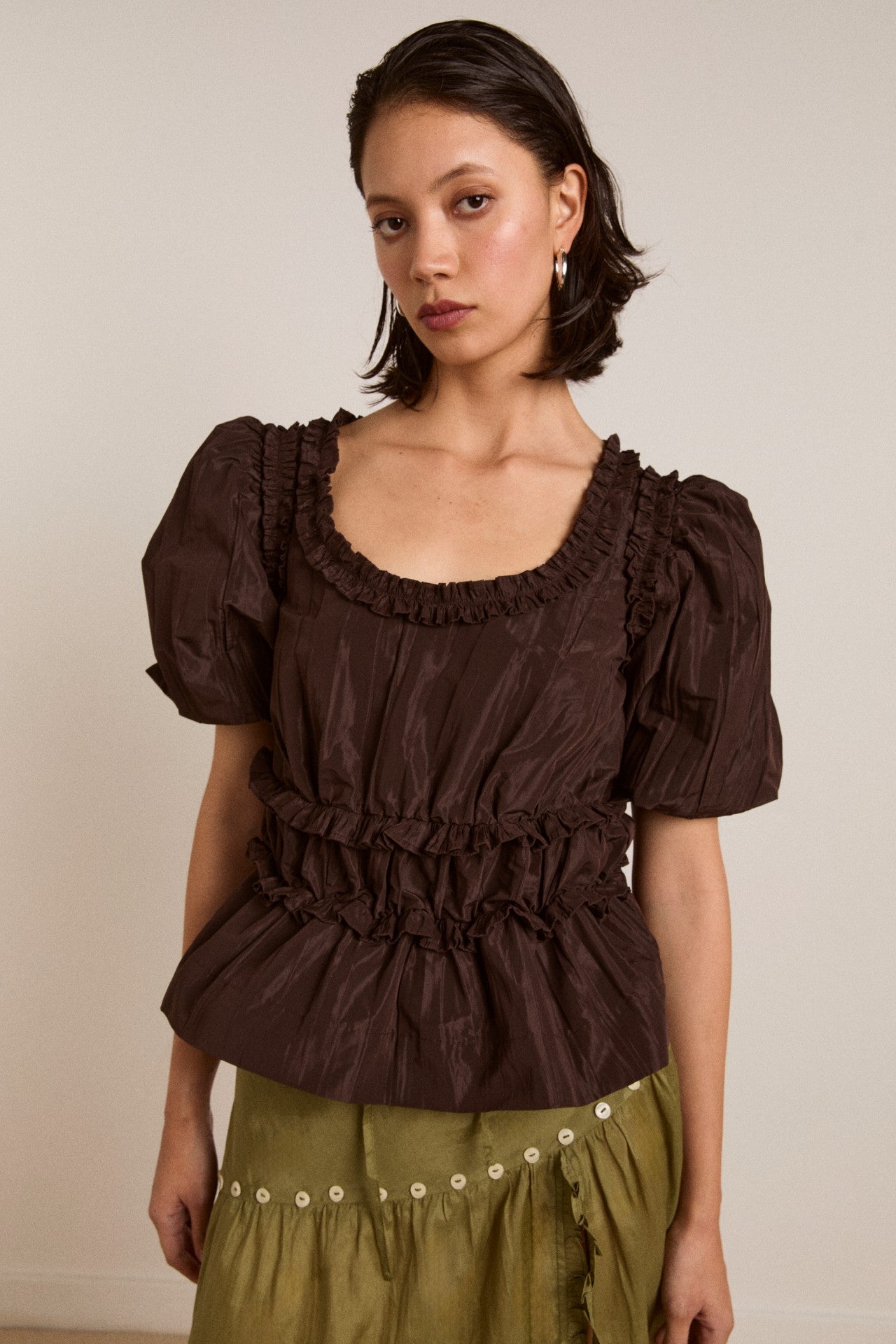 Damson Madder everly ruffle blouse - choc taffeta