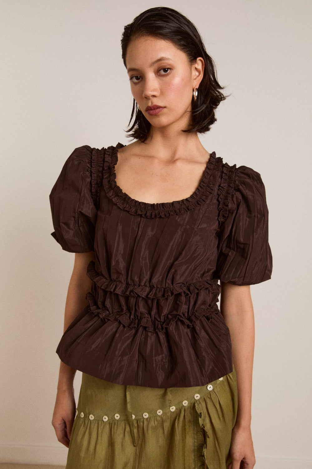 Damson Madder everly ruffle blouse - choc taffeta