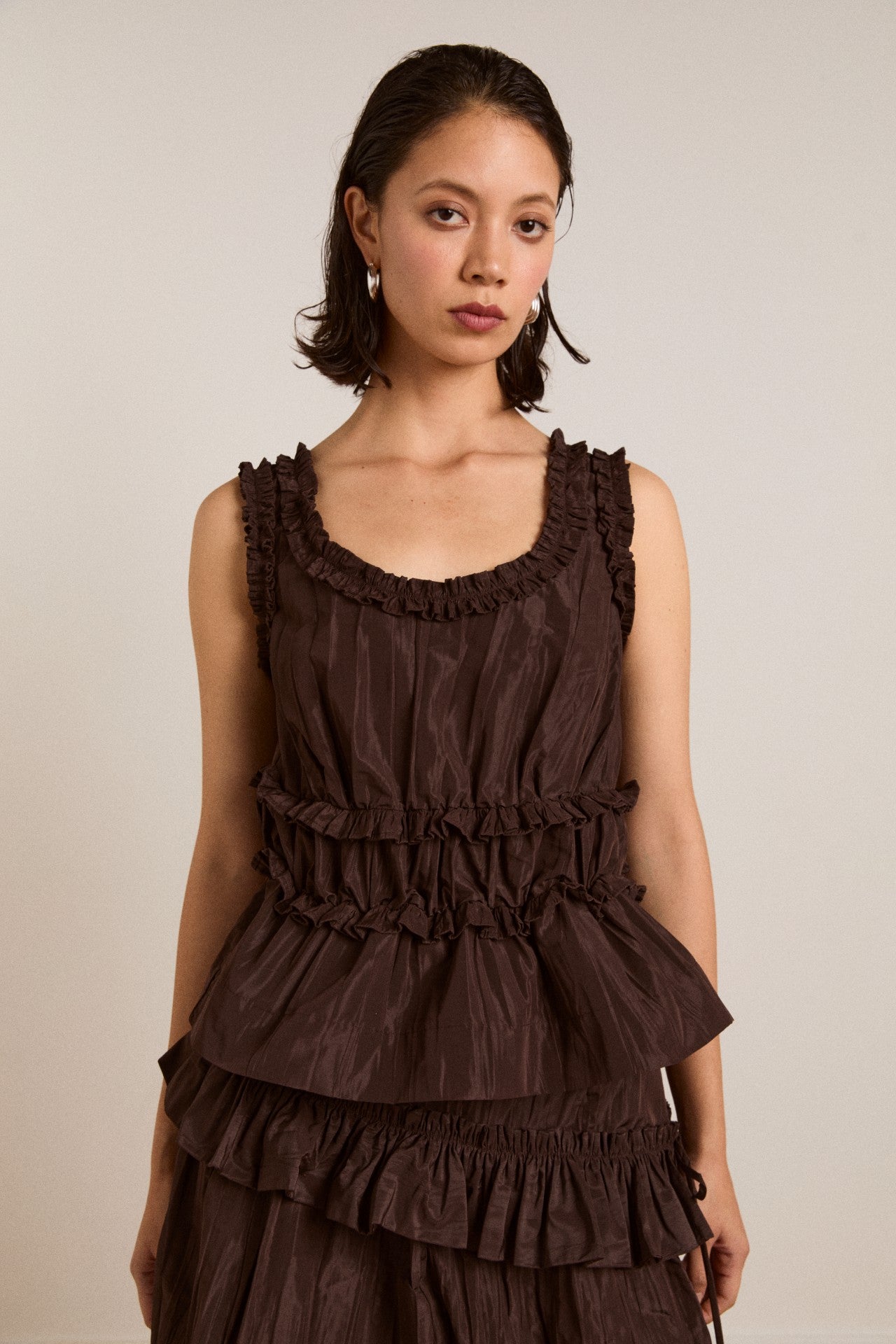 Damson Madder everly ruffle blouse - choc taffeta