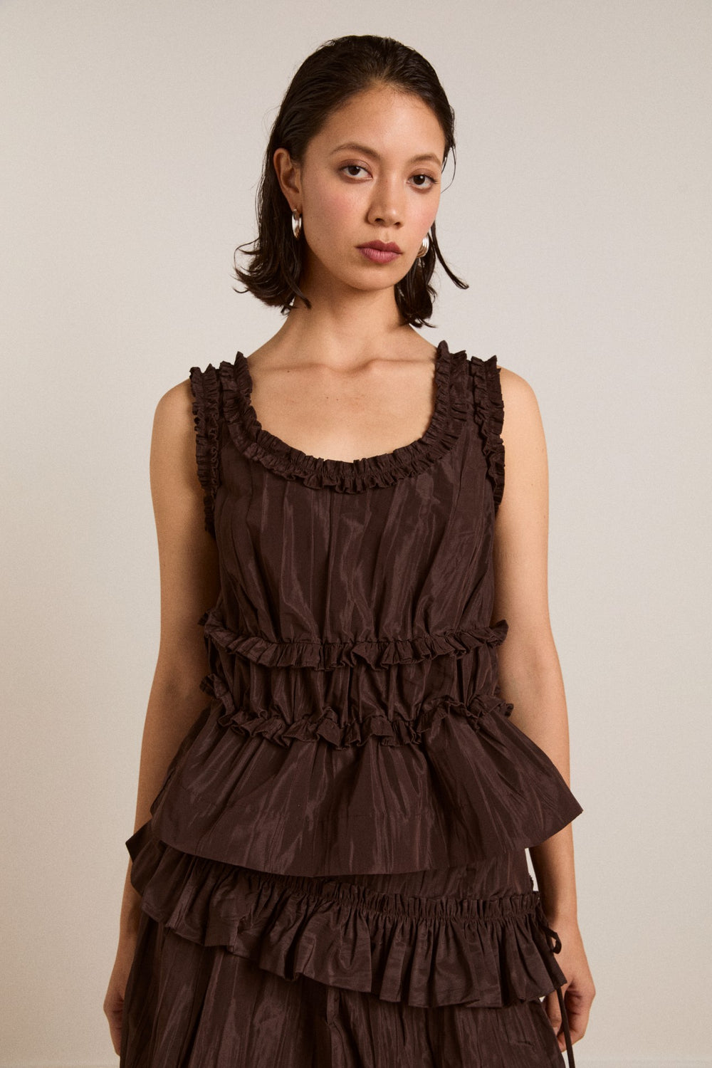 Damson Madder everly ruffle blouse - choc taffeta