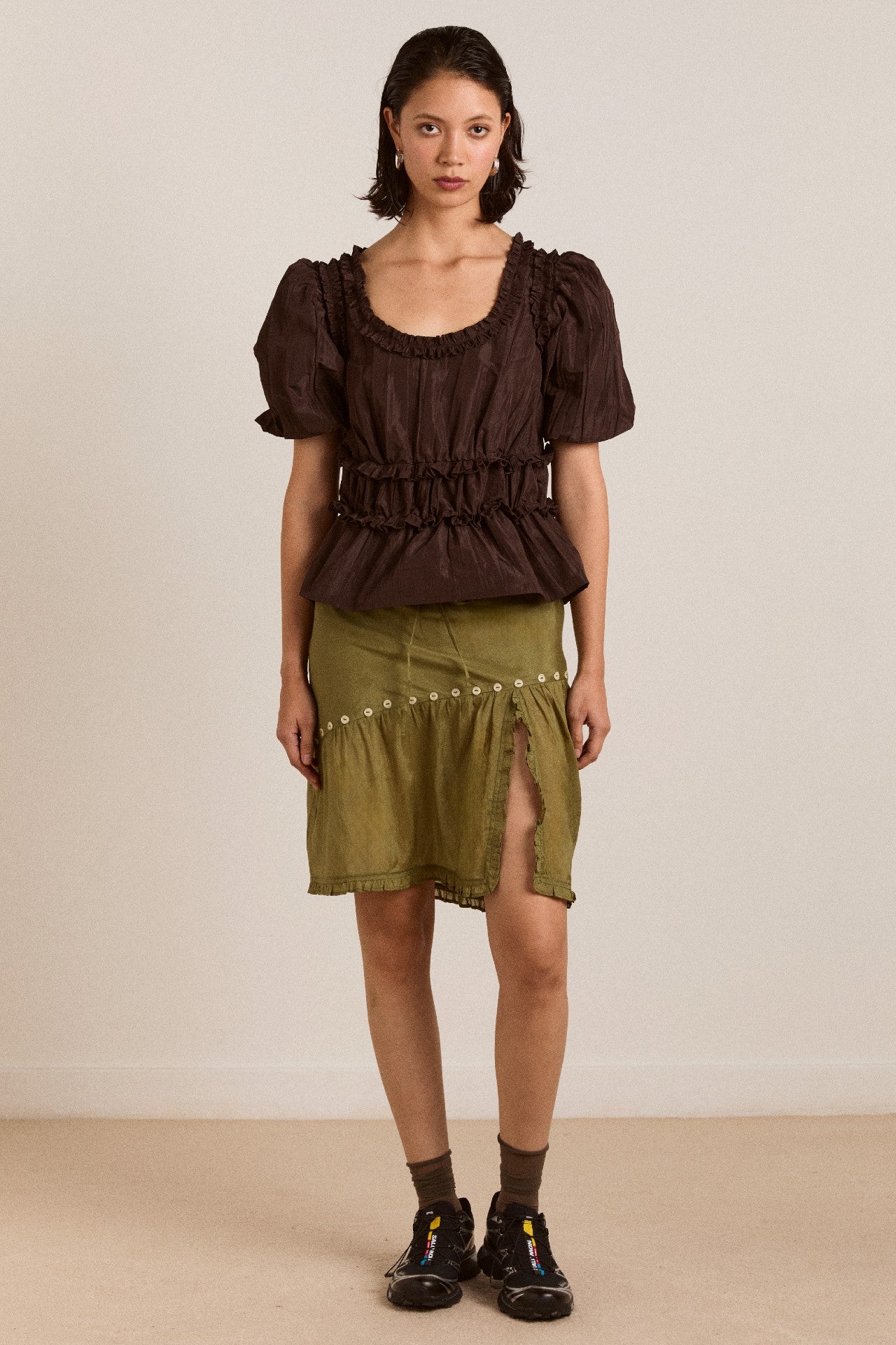 Damson Madder everly ruffle blouse - choc taffeta