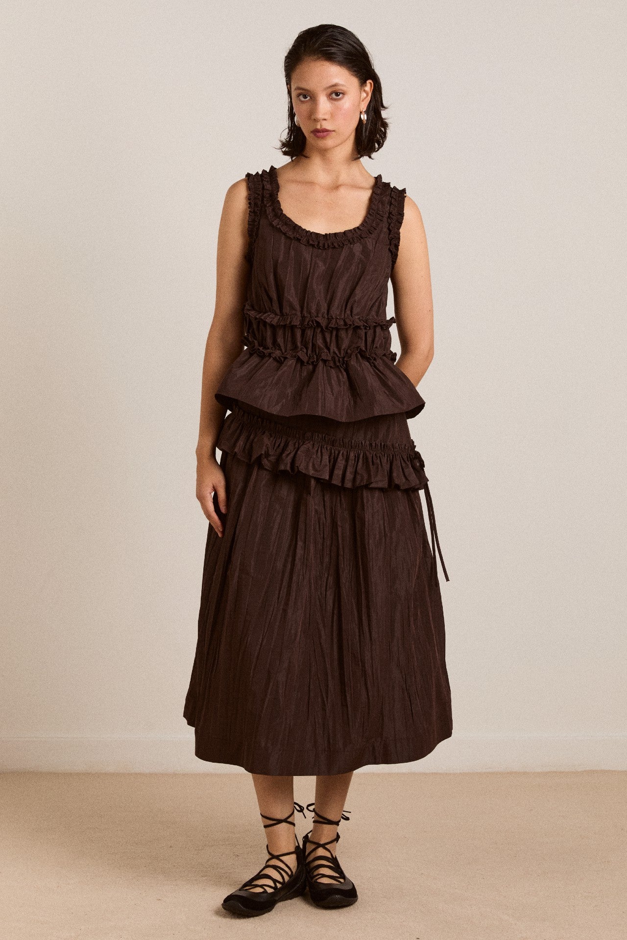 Damson Madder everly ruffle blouse - choc taffeta