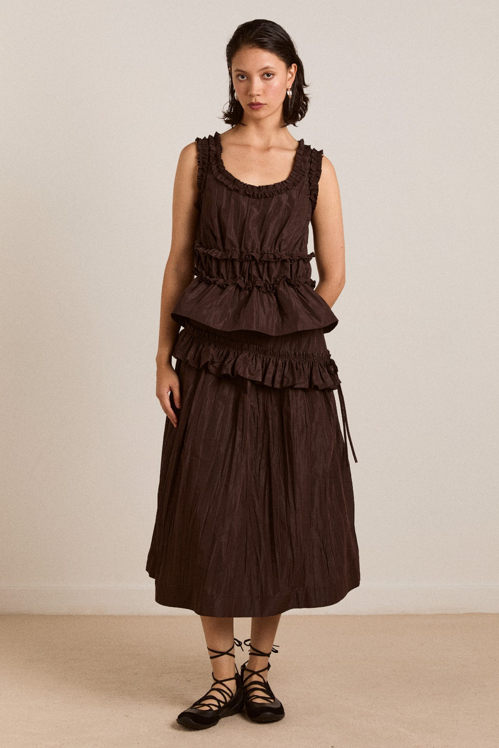Damson Madder everly ruffle blouse - choc taffeta